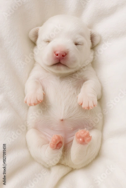Fototapeta White puppy sleeping on a white background