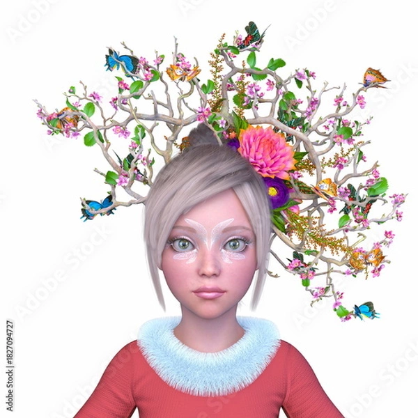 Fototapeta ヘアフラワーアートの女性クローズアップ　3DCGレンダリング