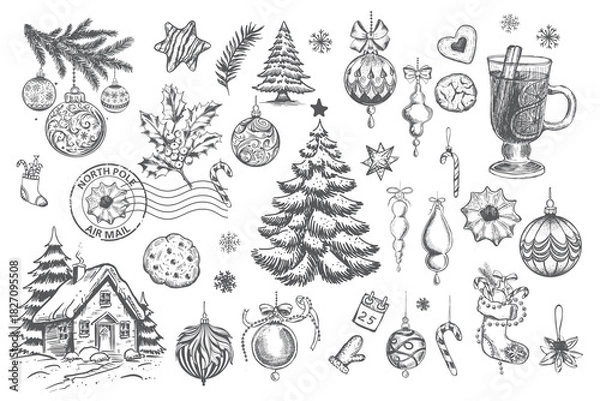 Fototapeta Christmas set,, tree, ball, set on white, Hand drawn illustration	
