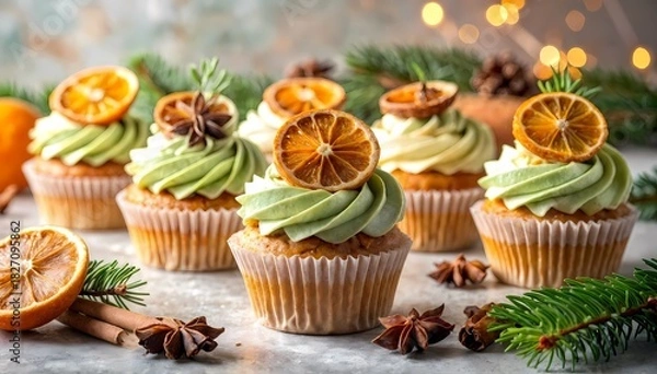 Fototapeta Christmas cupcakes with dried orange and green frosting on festive background