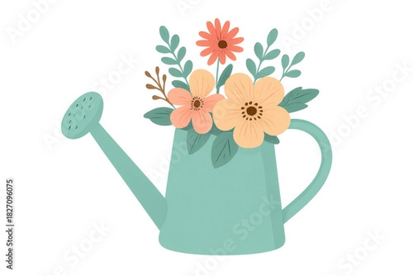 Fototapeta Watering can holding spring flowers illustration transparent background
