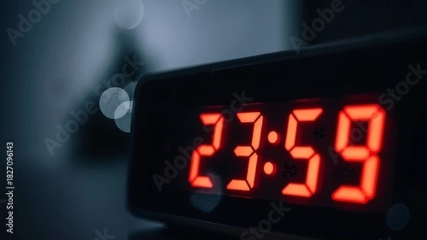 Fototapeta Digital alarm clock displaying 23:59 in red LED numbers against a dark blurry background