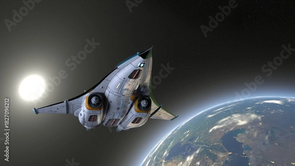 Fototapeta 宇宙船と地球　3DCGレンダリング