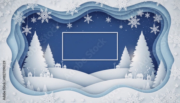 Obraz Festive banner in blue and white tones with winter village