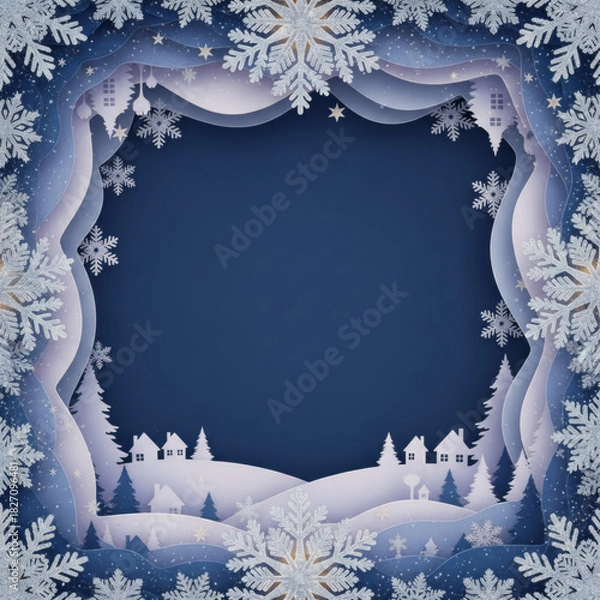 Obraz Winter greeting card in blue with snowflake frame