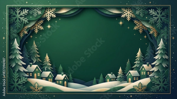 Obraz Christmas paper cut background: winter village on emerald backdrop