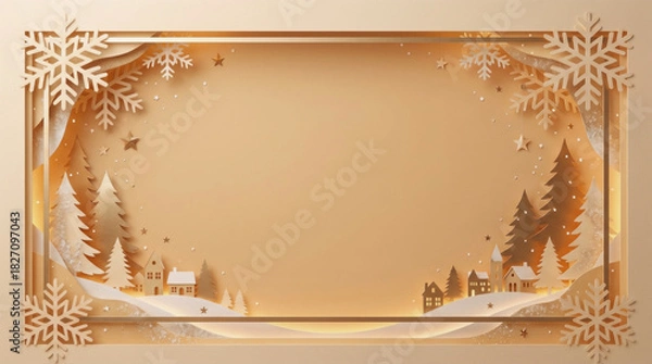 Obraz Christmas paper cut background: winter village in golden frame﻿