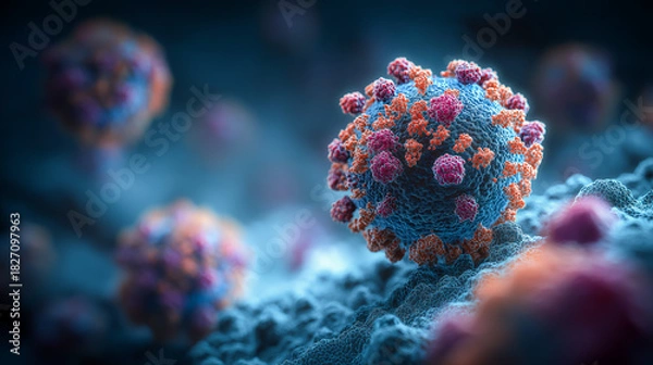 Fototapeta Detailed rendering of virus particles interacting with cellular surface illustrating microbiology and medical visualization modern technology innovation concept design visualization modern technolog