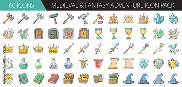 Fototapeta Medieval and fantasy adventure icon pack: axes, swords, castles, dragons, crowns, potions, scrolls