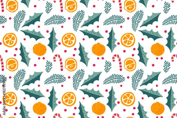 Fototapeta Christmas Seamless pattern. Hand drawn doodle Repeated print for textile, wrapping, wallpaper, menu. Doodle, Merry Christmas and Happy New year vector winter plants, Christmas decorations, tangerines.