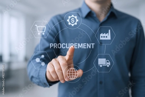 Fototapeta Procurement Process Automation Concept: Businessman Taps Virtual Interface Representing Supply Chain, Manufacturing, and Global Logistics