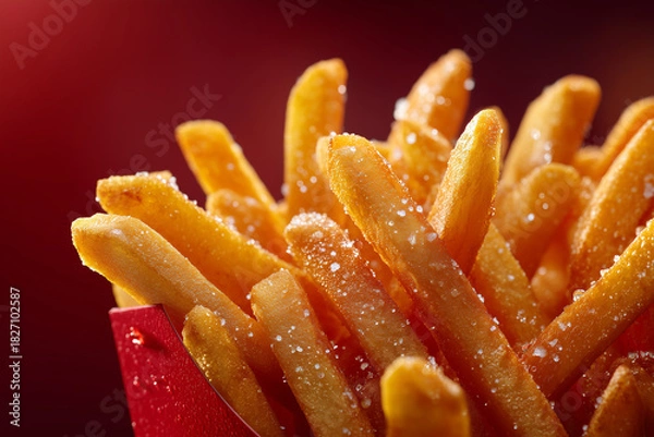 Obraz Crispy Salted French Fries in a Red Container on a Red Background