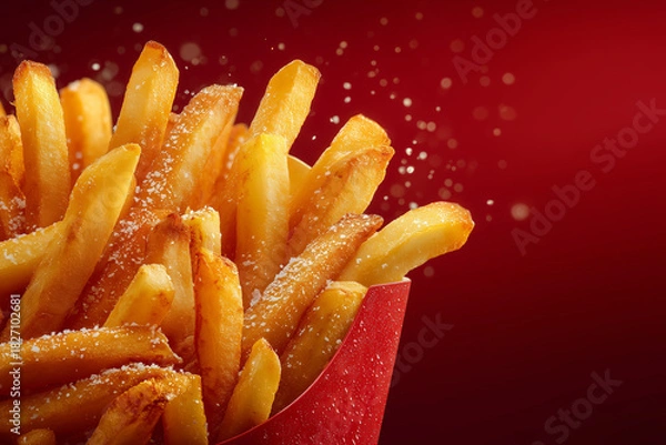 Obraz Crispy Salted French Fries in a Red Container on a Red Background