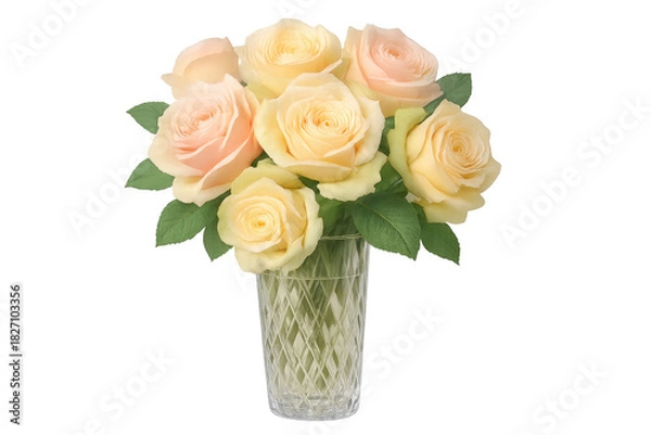 Fototapeta Elegant bouquet of peach and yellow roses in vase