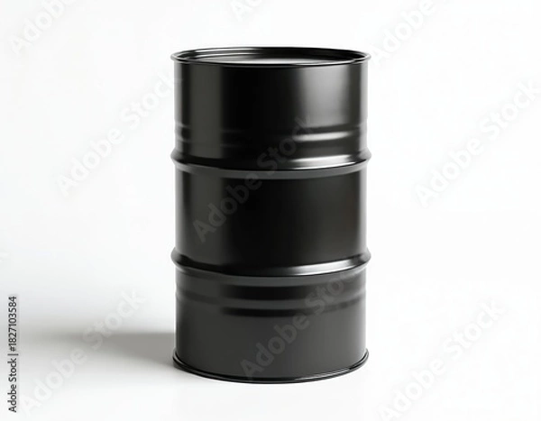 Fototapeta Black metal barrel stands on white background. This industrial container holds liquid fuel. It is used for storage and transport. Shiny steel drum is empty.