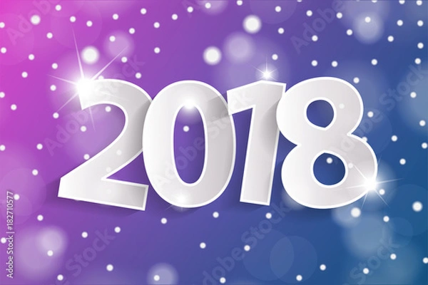 Fototapeta Blue and pink Happy New Year 2018 greeting card concept with paper cuted white numbers. Vector illustration