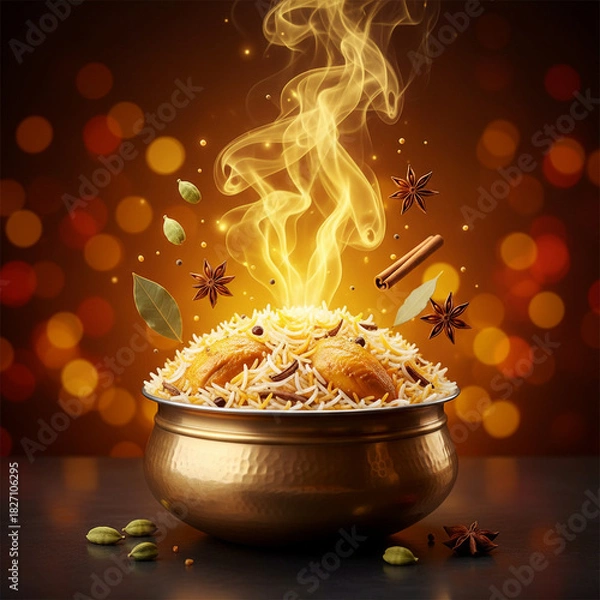 Fototapeta Vibrant Biryani Explosion Concept with Floating Ingredients – Creative Food Art