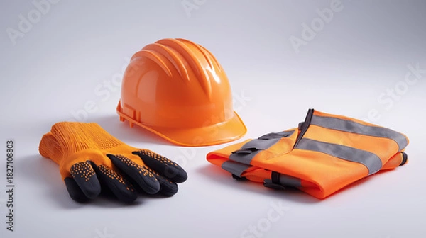 Fototapeta Construction safety equipment including hard hat gloves and reflective vest arranged in professional studio modern technology innovation concept design visualization modern technology innovation con