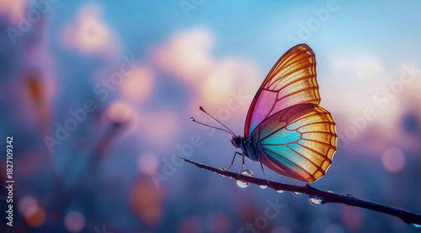 Fototapeta Colorful butterfly on thin twig in soft morning light.