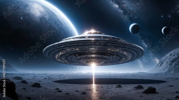 Obraz Massive flying saucer in a star system.