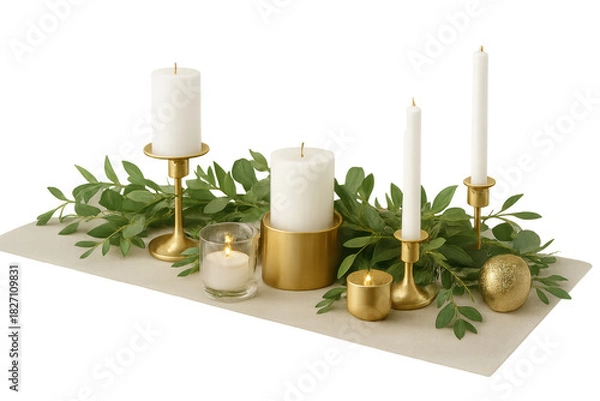 Fototapeta Holiday table setting with candles and greenery centerpiece