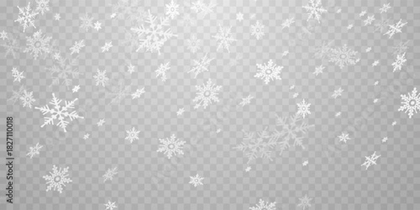 Obraz Tiny flying snow flakes illustration. Snowstorm dust freeze shapes. Snowfall sky white transparent wallpaper. Flat snowflakes january vector. Snow hurricane landscape.	