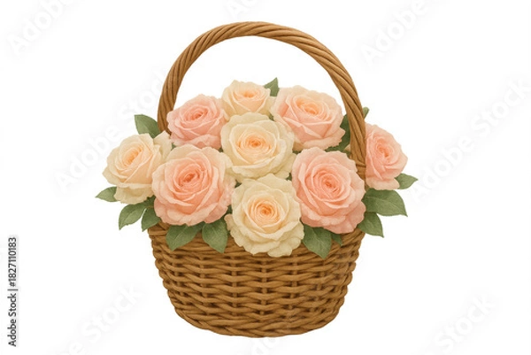 Fototapeta Wicker basket holding peach and cream roses transparent background