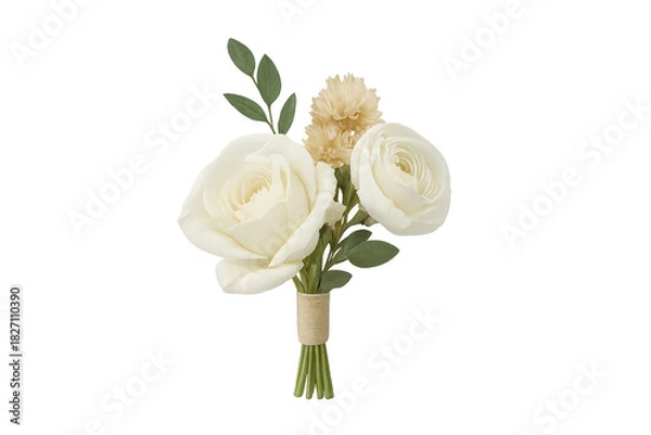 Fototapeta White wedding boutonniere featuring roses and ranunculus with transparent background