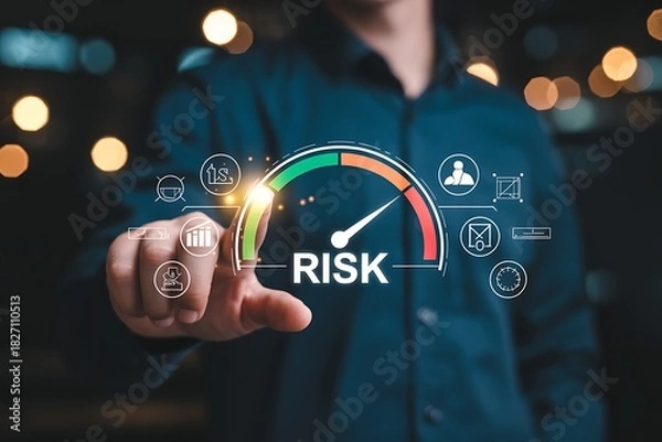 Fototapeta Man points to a risk meter with icons representing business concepts