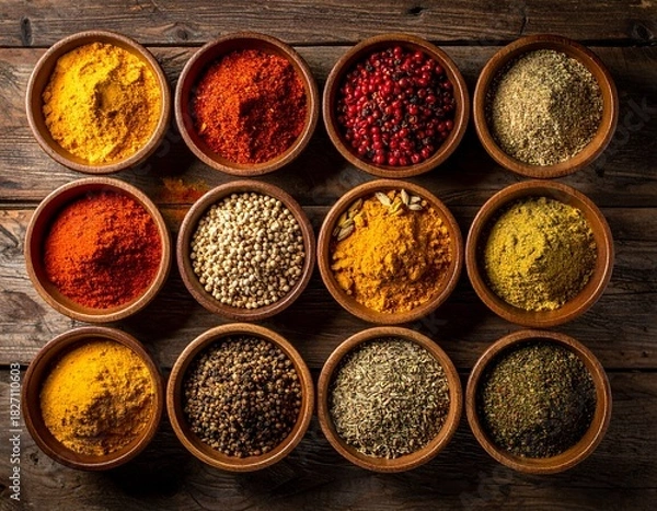 Obraz "Spice Harmony: A Grid of Global Flavors on Rustic Wood"