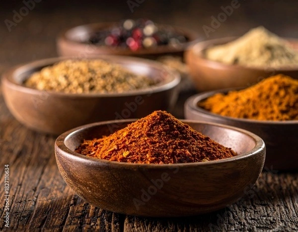 Obraz "Rustic Spice Symphony: Bowls of Flavor on Weathered Wood"