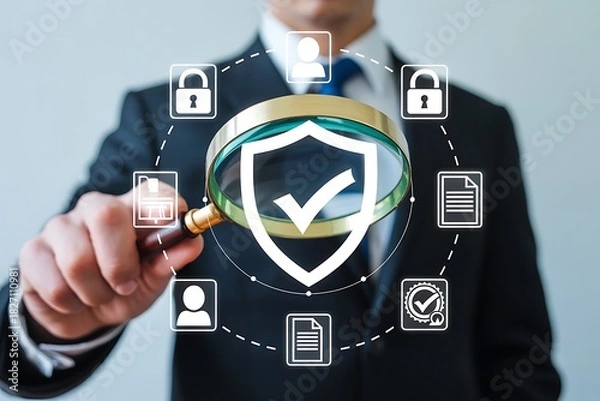 Fototapeta Businessman holding magnifying glass over digital security shield