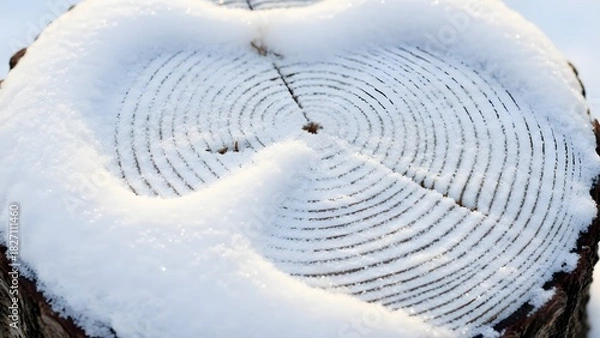 Obraz Snow-Covered Tree Stump Circular Patterns and Textures in Winter Landscape Macro