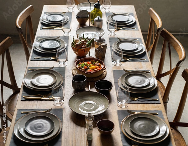 Obraz Rustic wooden dining table with modern dinnerware set for meal