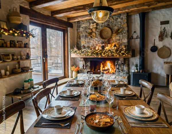 Obraz Cozy rustic dining room with decorated Christmas table