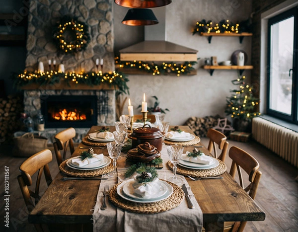 Obraz Cozy rustic dining room with decorated Christmas table