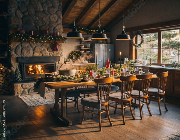 Obraz Cozy rustic dining room with decorated Christmas table