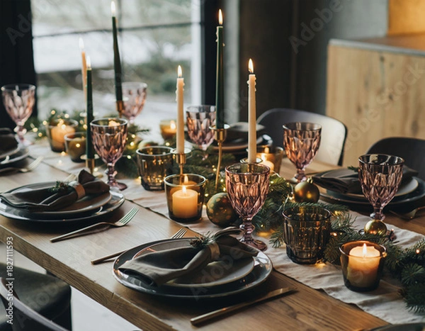 Obraz Elegant Christmas dinner table flat lay with festive feast