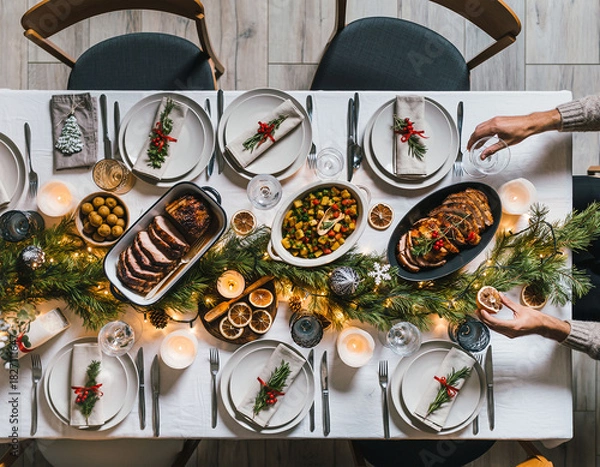 Obraz Elegant Christmas dinner table flat lay with festive feast