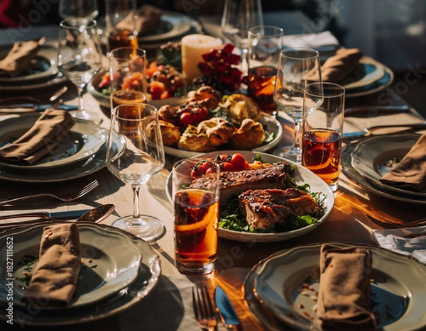 Obraz Festive holiday dinner table in warm sunset light