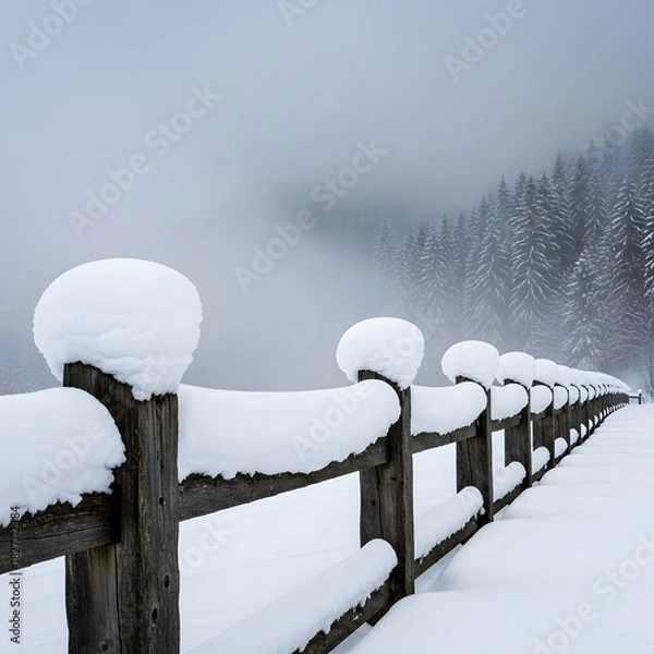 Fototapeta Snow piled on rustic wooden fence posts with a mysterious foggy forest view