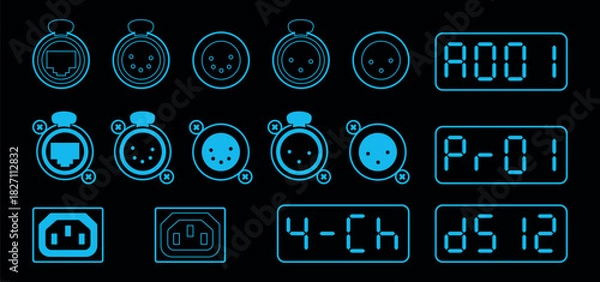 Fototapeta Blueprint-style UI icons set showing DMX displays, XLR and Ethernet connectors, power sockets, and control indicators in a neon-blue outline on a dark background.