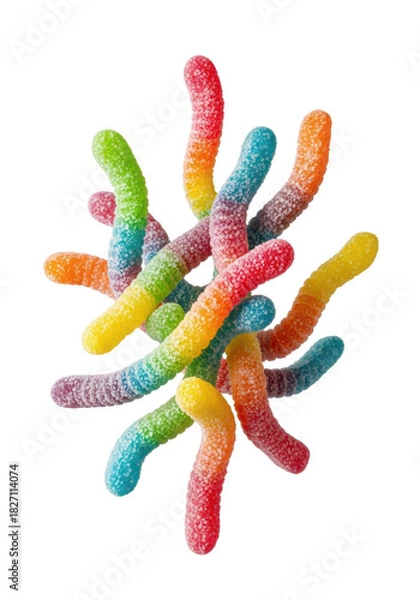 Fototapeta Extreme macro of levitating rainbow sour gummy worms, dynamic and thickly sugar-coated, on a stark white backdrop with bokeh. Concept for confectionery hyperrealism