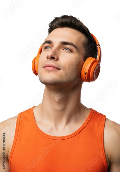 Fototapeta young caucasian man, 20s, in vibrant orange tank top and headphones, blissful expression, studio portrait medium close-up, sharp focus against pure white background. concept for high-fidelity audio