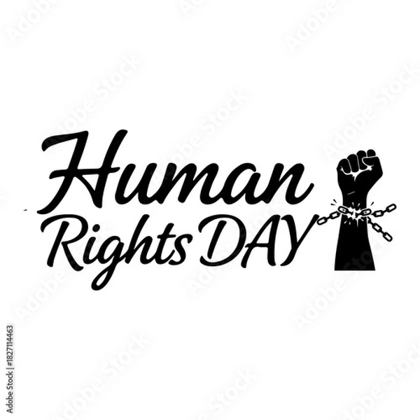 Fototapeta Black and white "Human Rights Day" typography featuring a silhouette of a raised fist breaking chains. Isolated PNG vector for protests, justice, and December 10th events.