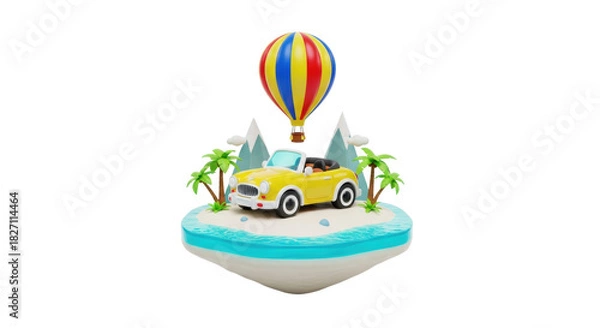 Fototapeta highly stylized, glossy chibi yellow convertible on a miniature tropical island diorama with a striped balloon, isolated against a pure white background with copy space. concept of playful optimism