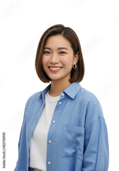 Fototapeta Young east asian woman in casual layers and bob haircut smiling radiantly, making confident eye contact in a high-key photo studio with an infinite white backdrop. Concept of happiness and