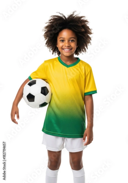 Fototapeta young african american girl (9) with a voluminous curly afro, smiling, wearing a vibrant soccer jersey, holding a ball in a high-key studio white background with copy space. concept of youthful