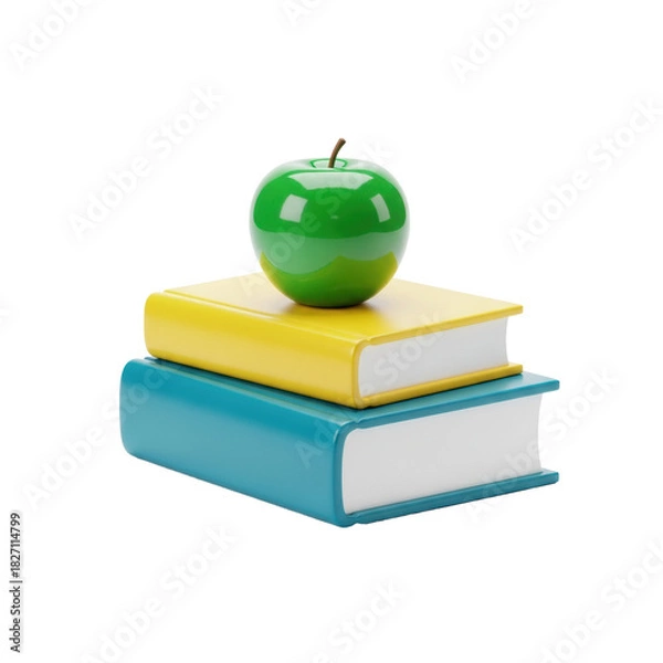 Fototapeta A geometrically perfect, glossy emerald green apple balanced atop a stack of vibrant yellow and teal stylized 3d books, isolated on a pure white background. Concept of back to school and education