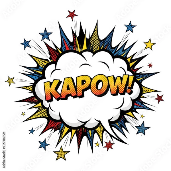 Fototapeta Pop art illustration, central blank speech bubble with thick black outlines and copy space, erupting comic explosion background with "kapow" lettering, ben-day dot texture. Concept for retro